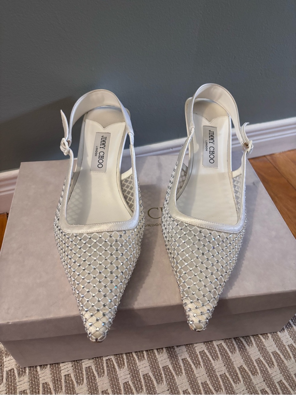Jimmy Choo White Crystal Mesh Pointed Slingback Flats
